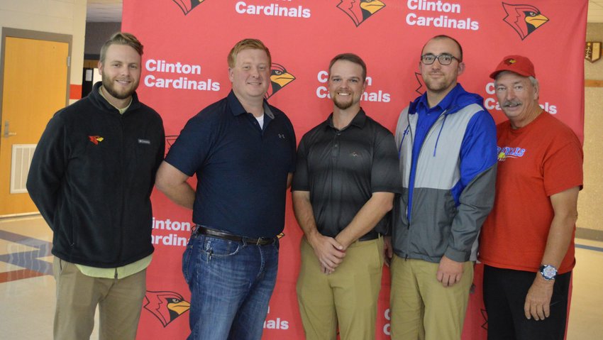 THE SPEAKERS at a special baseball meeting: Left to right, Alex Johnson, A.D., Head Cardinal Baseball Coach John Lersch, Coach Nick Petree, Cardinal assistant coach Eric Silkwood and assistant coach Gary Bowers.