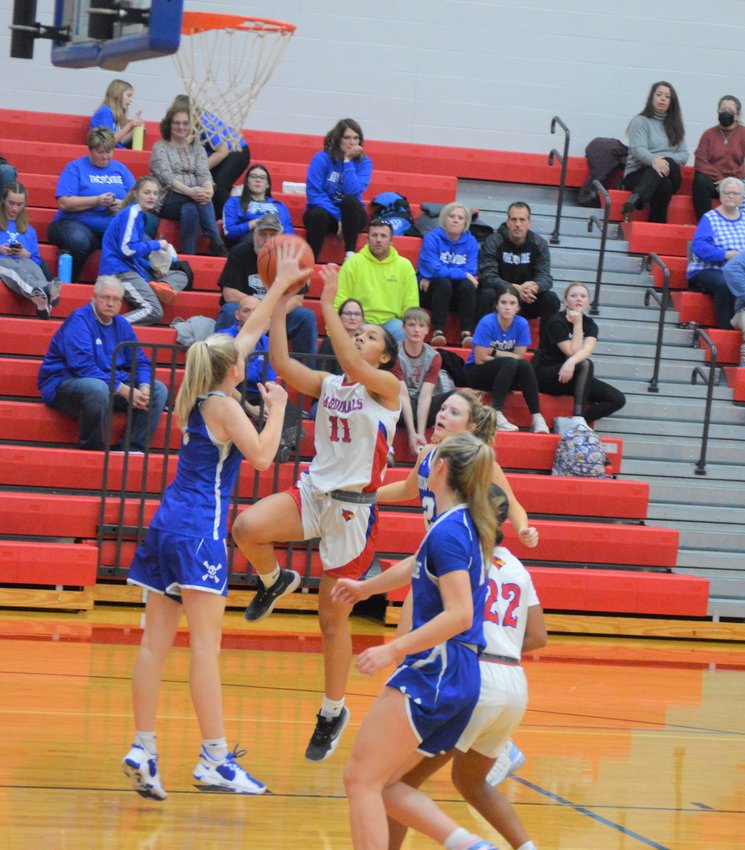 Mercedez Brown getting 2 of her 12 points in the Boonville game on Tuesday, Jan. 3. Briley Wishard led the Cards with 17 points. Tim Komer/Clinton Democrat