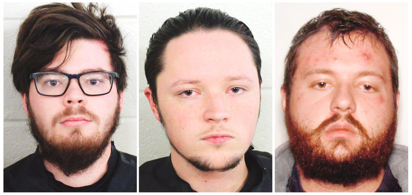 These undated photos provided by Floyd County Police show from left, Luke Austin Lane of Floyd County, Jacob Kaderli of Dacula, and Michael Helterbrand of Dalton. FBI spokesman Kevin Rowson said Friday that agents assisted in the arrests of the three men linked to The Base, a violent white supremacist group, on charges of conspiracy to commit murder against a Bartow County couple and participating in a criminal street gang.