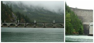 L., The top of Diablo Dam features Art-Deco arches. R., The Diablo Lake tour brought us to the bottom of the Ross Dam. A mass of water over 500 feet tall and 23 miles long stands behind its towering facade.