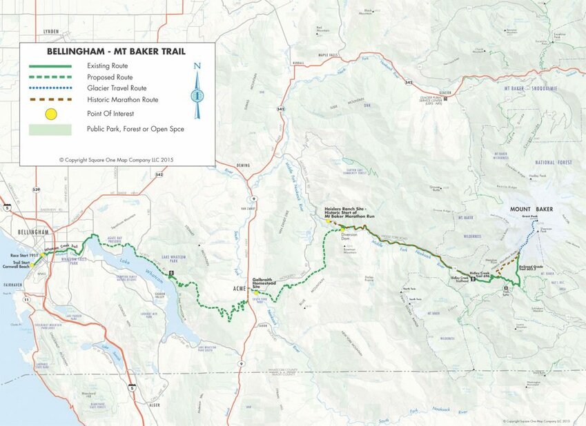 Dan Probst's ideal route for a race from Bellingham Bay to Mount Baker and back. 