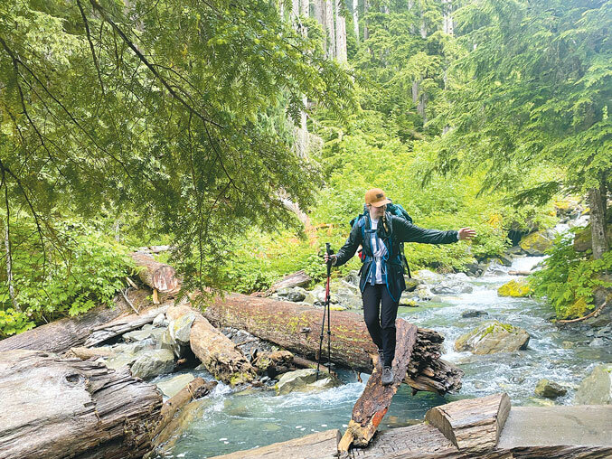 A hiker balances on a log while crossing a creek in Olympic National Park, WA. 