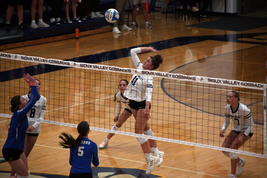 Sioux Valley's Lacey Langland prepares to hit the ball during a 3-1 win over Florence/Henry in the Region 2A Playoffs on Tuesday night in Volga.