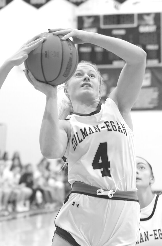 Hawk senior Brynlee Landis goes up for a layup at the Michael J. Entringer Girls Scholarship Classic Saturday in Colman. The Hawks won over Flandreau, 39-30. She was named the Entringer Classic MVP for her 21 point effort.