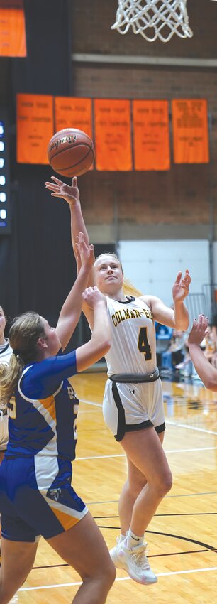 Colman-Egan&rsquo;s Brynlee Landis pulls up for a shot in the paint against Wessington Springs during the Huron Holiday Classic on December 29 at Huron Arena