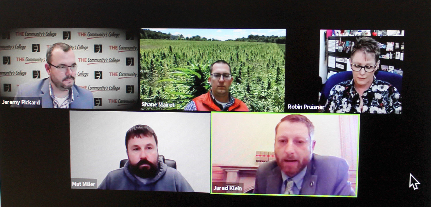 Muscatine Community College dean Jeremy Pickard, upper left, leads a teleconference on Iowa's first year of legal hemp production. MCC ag teacher Shane Mairet (top center) talked about his first class of hemp students. Robin Pruisner (upper right) is the hemp administrator for the Iowa Department of Agriculture. Mat Miller, (bottom left), who owns ICanna, LLC, talked about the manufacturing end of the business. State Rep. Jared Klein, R-Keota, discussed the pertinent legislation.