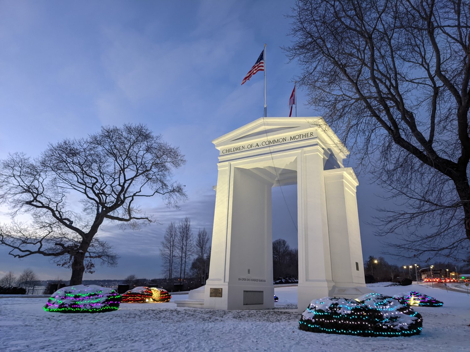 International Peace Arch Association’s holiday lights brighten the snow-blanketed Peace Arch at the U.S./Canada border December 28.