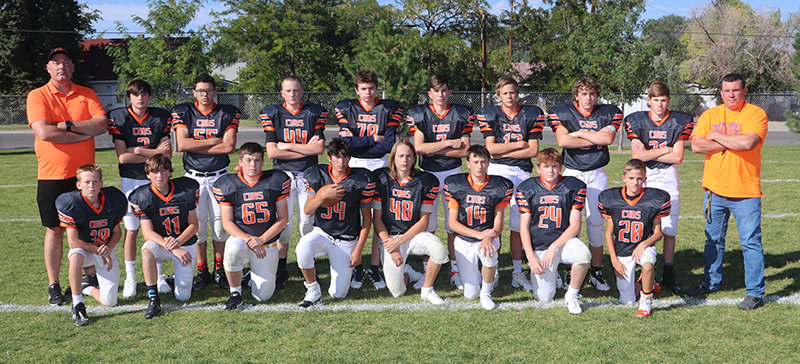 Members of the Powell Middle School Cubs eighth grade football team &mdash; which went 5-1 and won the conference championship &mdash; pose for a team picture. Seen from left are, back row: head coach Bryan Bonander, Taeson Schultz, Rowan Diaz, Landon Hyde, Aiden Simonson, Caden Nelson, Nathan Preator, Gabe Weimer, Weston Simpson and assistant coach Nate Urbach; front row: Tyler Wenzel, Dominik Bieber, Daytona Menuey, Mason Coombs, Caleb Ashcraft, Isaac Dunsey, Ryan Barrus and Talon Nuss.