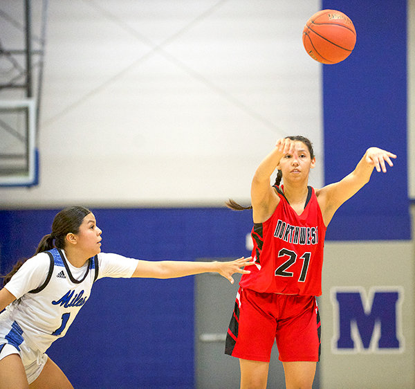 NWC freshman guard Nayeli Acosta throws a pass during the Trappers&rsquo; Nov. 18 matchup with Miles City. Northwest finished the weekend 0-3 after poor shooting performances doomed the women&rsquo;s team.