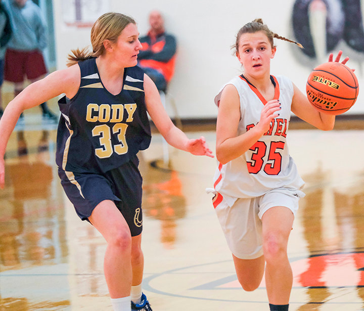 PHS freshman Alexa Richardson drives past a Cody defender during the first half of the junior varsity team&rsquo;s recent matchup with Cody. The Panthers are off to a 3-1 start to the season &mdash; including a dominant 46-17 victory over the rival Fillies.