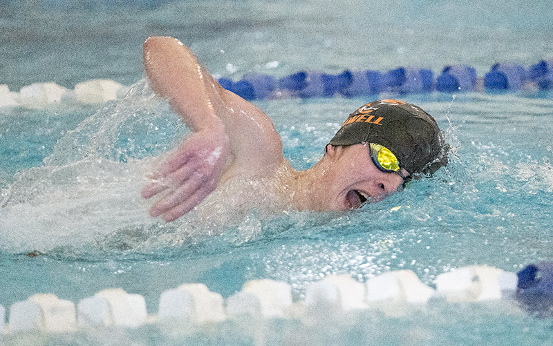 Powell High School junior Kobus Diver competes in the 500 free during the Gene Dozah Invitational. Diver finished with a state qualifying mark of 5:40.78, as the Panthers took first during a triangular on Friday and second at the invitational on Saturday.