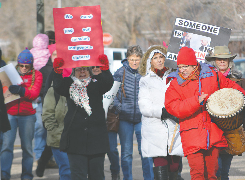 Mary Keller leads a march around City Park in Cody at the conclusion of the 2019 Women and Allies March Saturday afternoon. Organized by Wyoming Rising, the event encouraged participants to ‘share your vision for a more equal, just and compassionate future.’