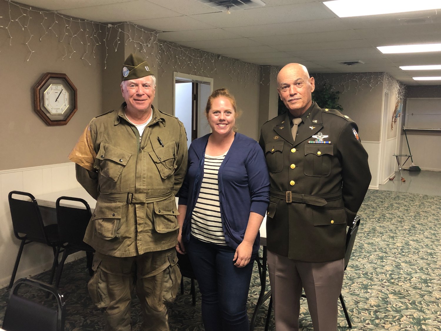 The Frederick Rotary Club was honored to have Mark Howard (left) and Dave Brothers (right) from the WWII Airborne Demonstration Team as their guests on Tuesday. Dave spoke about the mission of the team, their future plans, and opportunities both the team and the community have to grow. They are pictured with club President Cacy Caldwell.
