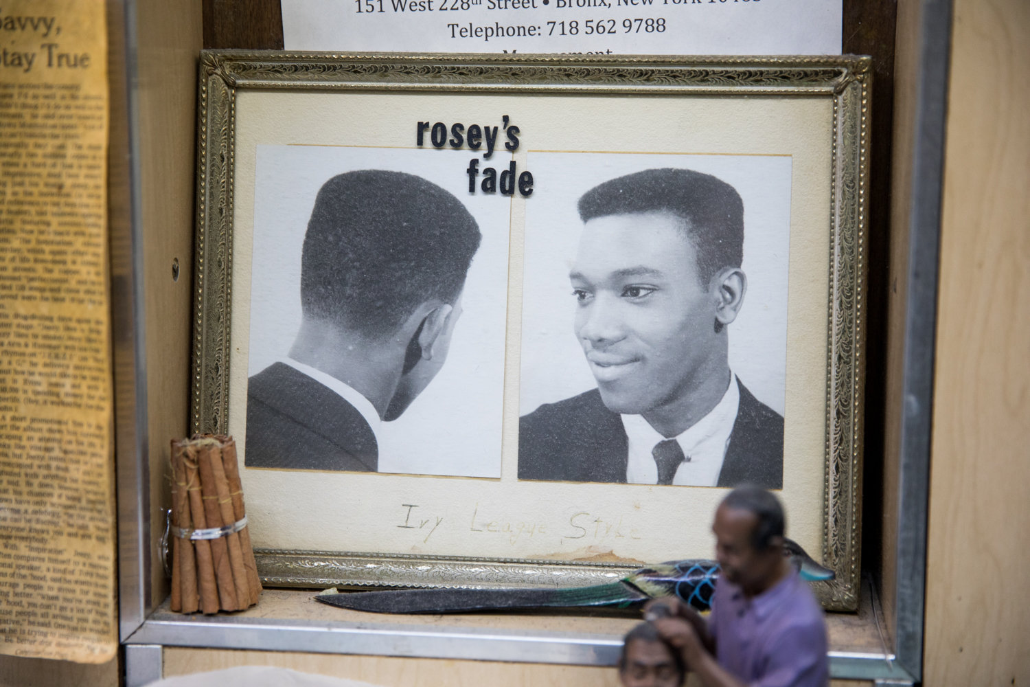 A diptych shows a hairstyle labeled ‘Rosey’s fade’ in Marble Hill’s International Unisex Salon, which is owned by Roosevelt ‘Rosey’ Spivey. The salon is facing an uncertain future after being hit with a $1,500 rent hike.