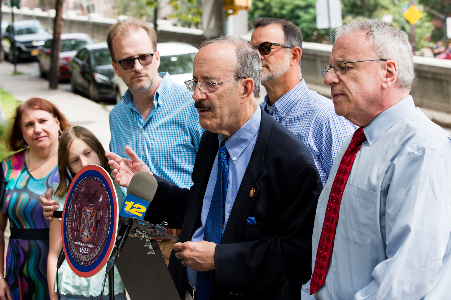 U.S. Rep. Eliot Engel, center, and Assemblyman Jeffrey Dinowitz, right, seen here at a 2019 press conference, held a virtual town hall last week over the video conferencing program Zoom.