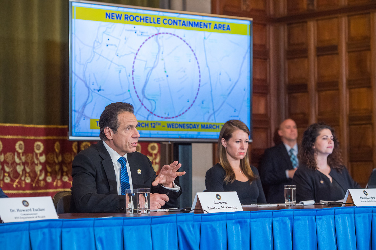 Gov. Andrew Cuomo announces he's shutting down what would become New York's first coronavirus hotspot around New Rochelle on March 10. At the same time, Mayor Bill de Blasio was getting his first warnings from city health commissioner Oxiris Barbot about the need to start shutting some services down — recommendations de Blasio initially resisted.