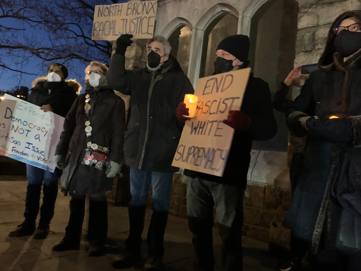 U.S. Rep. Jamaal Bowman told a small crowd gathered for a candlelight vigil at the Riverdale Monument on Wednesday night he feared for his own safety in the days following the Jan. 6, 2021, insurrection attempt. He still has fears today — of the very essence of democracy being destroyed in the United States.