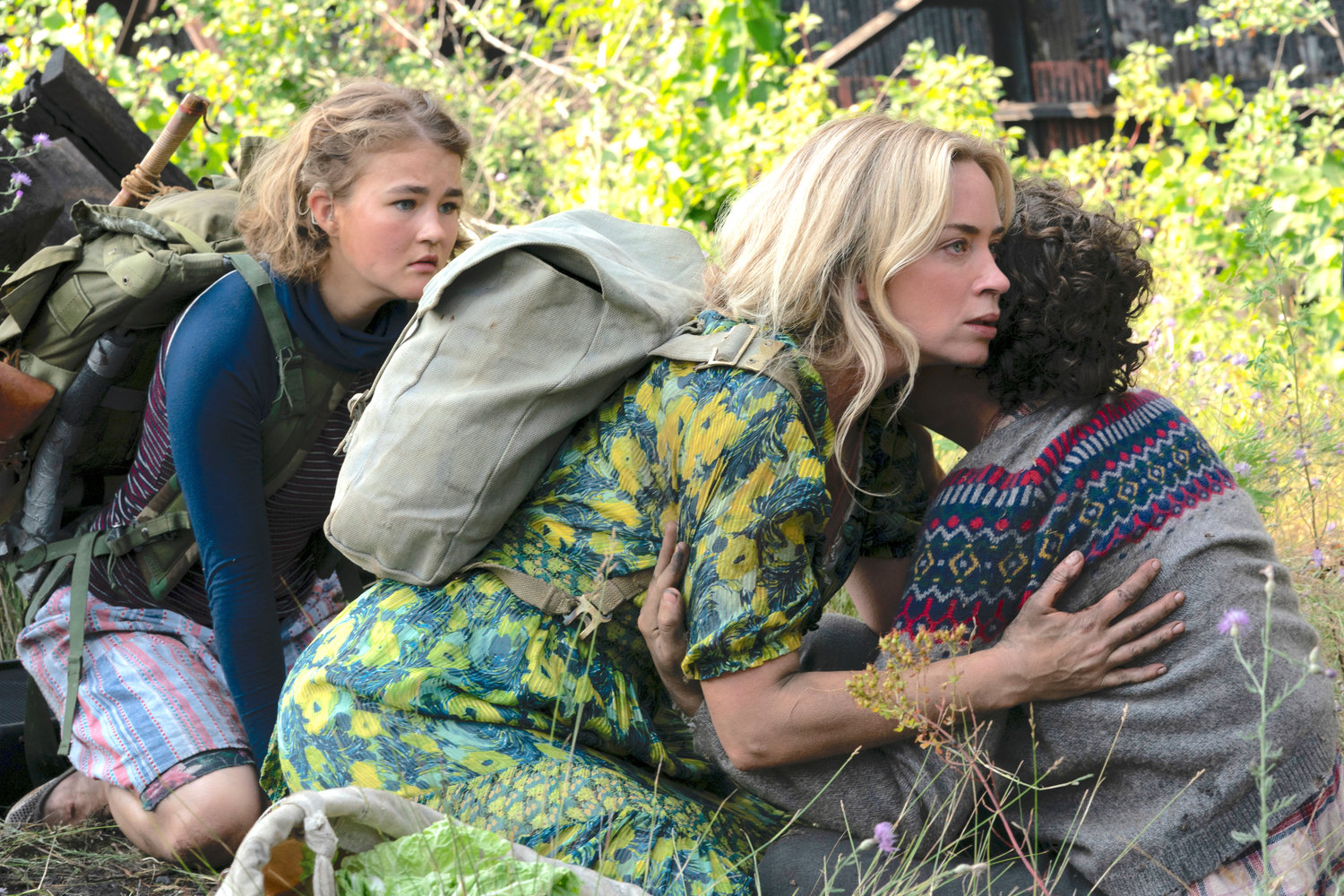 From left, Millicent Simmonds as Regan, Emily Blunt as Evelyn and Noah Jupe as Marcus in a scene from "A Quiet Place Part II."