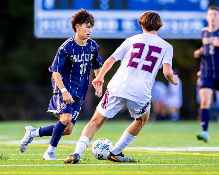 Braxton Barr, pictured here against the Bruins on October 18, had a goal in the Falcons’ region semifinal win on October 25.
