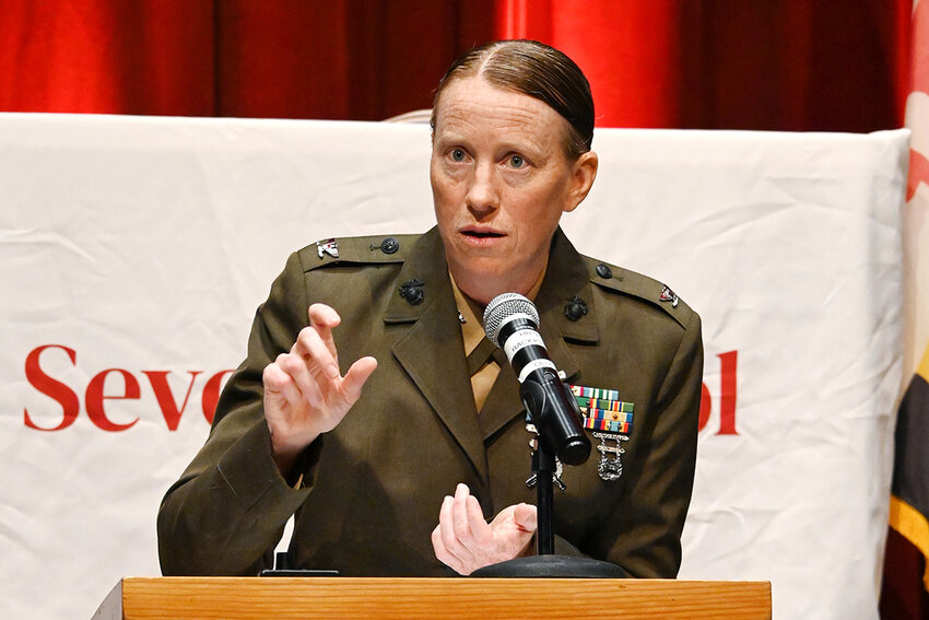 Col. Lindsay Mathwick, a 2000 graduate of Severn School, spoke to students and faculty at her alma mater during the annual Academic and Community Codes assembly on September 11.