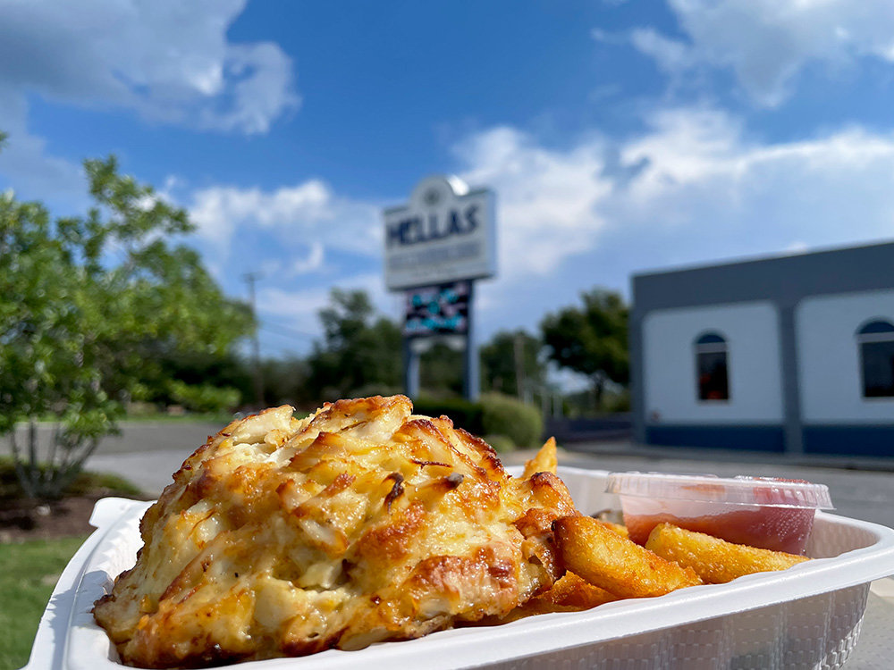 Hellas’ crab cakes are huge, with minimal filler and seasoning. "Rich" is the best word to describe them.